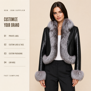 New Season Cropped Black Leather <strong>Jacket</strong> Notched Lapel <strong>Fur</strong> Sleeves Women's <strong>Jackets</strong> for Modern Women - Product Image 1