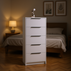 Comò Bianco a 5 Cassetti Rettangolare, Mobile Moderno in Metallo per Camera da Letto, Pannello MDF Autoportante - Product Image 2