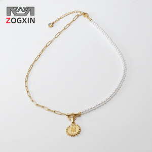 ZOGXIN Pearl Necklace Gold Chain Letter M Pendant Stainless Steel Women's Jewelry Fashion Choker Necklaces - Product Image 1
