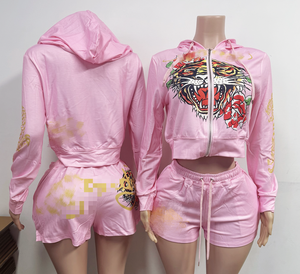 Peeqi American Ed vestiti famosi manica lunga con Zip Top giacca con cappuccio e <span class=keywords><strong>pantaloncini</strong></span> da motociclista due pezzi Set abbigliamento <span class=keywords><strong>donna</strong></span> - Product Image 1