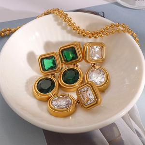 Geometric Drop <b>Earrings</b> 18K Gold Stainless Steel <b>Green</b> Zircon Crystal Bezel Setting Everyday Wear - Product Image 3