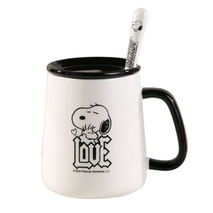 Tazza in Porcellana con Stampa di <span class=keywords><strong>Snoopy</strong></span>, Manico Nero, Coperchio e Cucchiaio Abbinati per Uso Quotidiano - Product Image 5