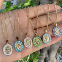 Pendentif ovale Vierge Marie plaqué or 18 carats, charme religieux de Guadalupe avec bordure en opale colorée, pour cadeau catholique
