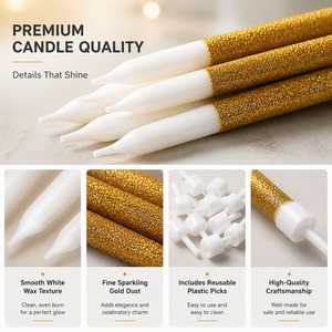 Velas de Cumpleaños Largas con Purpurina Dorada, Adorno para Pastel con Soportes de Plástico, Velas de Parafina sin Humo para Cumpleaños Infantiles - Product Image 4