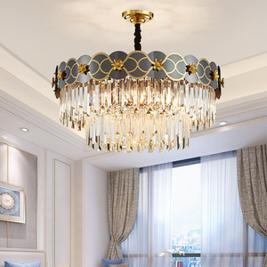 Lustre en cristal doré, luminaire suspendu E26 LED 3500K blanc chaud, hauteur réglable, intensité variable, Ra90 CRI, garantie 5 ans, salon - Product Image 1