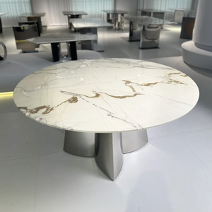 <span class=keywords><strong>Tavolo</strong></span> da pranzo moderno rotondo in marmo con Base geometrica in metallo - Product Image 1