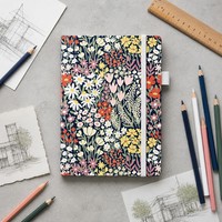 Carnet à couverture rigide entièrement imprimé, motif fleurs sauvages marine, avec bande élastique, bloc-notes de haute qualité pour agenda quotidien