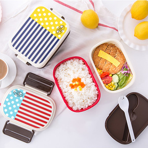 Striped Plastic <b>Lunch</b> <b>Box</b> 2 Layer With Cutlery For Children Rectangle Microwave Safe - Product Image 2