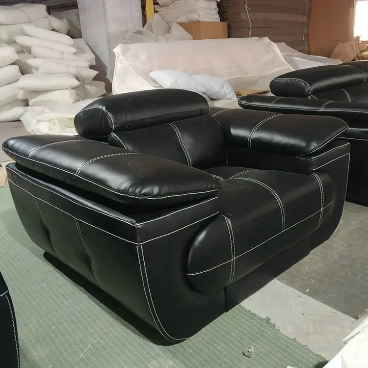 Black color modern adjustable headrest genuine leather sofa set for living room furniture
