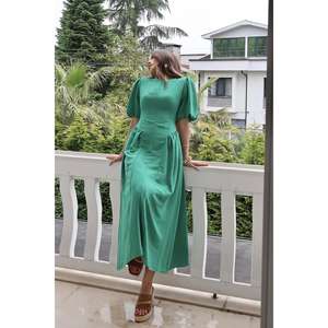 Robe trapèze en lin vert sans dos, col rond, taille naturelle, respirante, pour usage quotidien décontracté - Product Image 6