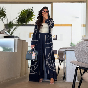 Personalizado último Abaya musulmán vestidos modestos 2 piezas pantalones conjunto de manga larga abierto Abaya Turquía impresión Abaya mujeres vestido musulmán - Product Image 1