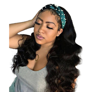Peluca <span class=keywords><strong>de</strong></span> pelo Remy virgen alineada con cutícula barata <span class=keywords><strong>de</strong></span> Apple Girl con diadema, peluca India cruda con ondas corporales negras para mujer - Product Image 1