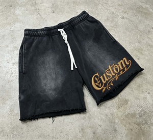 High Street Sun Faded Vintage Raw Hem 100% Cotton Drawstring Mid Waist Breathable Board <b>Shorts</b> Embroidered <b>Shorts</b> - Product Image 4