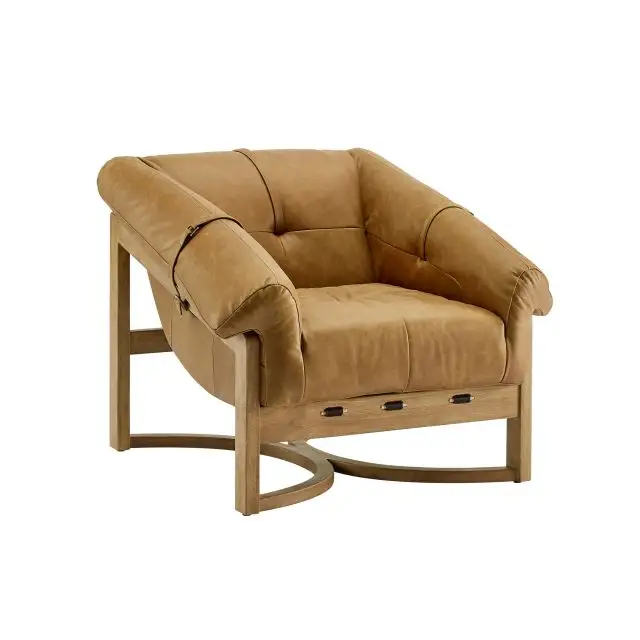 Neuankömmlinge Mid Century Modern Top-Grain Leder Wohnzimmer Stuhl Retro Sessel mit Holzrahmen Lounge Single Sofa Stuhl