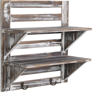 Estante de Pared de Madera de Dos Niveles para Baño con Ganchos, Estilo Rústico - Product Image 3