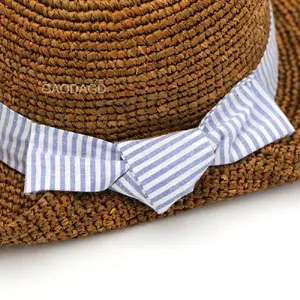 K 2023 Natural Raffia Straw Hand Crochet Dome Short Brim Striped Bowknot Lady Hat