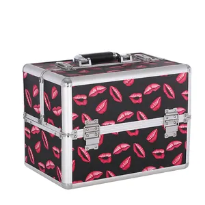 Moda alüminyum makyaj organizatör profesyonel kozmetik kutusu küçük taşınabilir makyaj çantası ile dudak desenleri