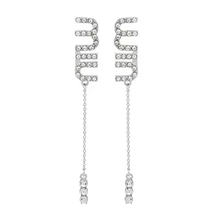 패션 쥬얼리 전체 다이아몬드 M 편지 술 귀걸이 디자인 고급스러운 긴 스터드 귀걸이