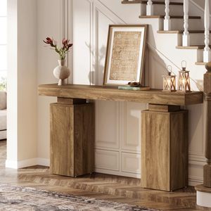 Mesa Consola Rústica de Roble Macizo SENYU con Base de Pedestal, Mueble de Estilo Antiguo Hecho a Mano para Sala de Estar o Entrada - Product Image 4