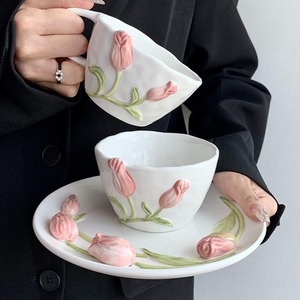 Classic Ins Style <b>Hand</b>-Painted Tulip Cup High-Value High-Relief Ceramic Western Food Tableware for Business Gifts - Product Image 3