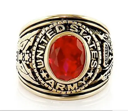 Custom Made Stainless Steel US Army Ring - (Gold Plated w Red Stone) Military Rings Jewelry - Officers Special Forces Military