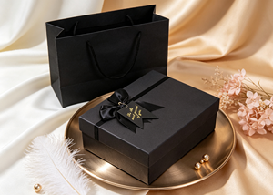 Thick <b>Black</b> Cardboard Eco-Friendly High-End Gift <b>Box</b> with Lid/Base Structure Satin Bow Gold Foil Tag Four-Color Printing - Product Image 3