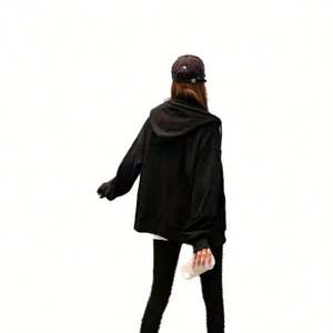 Sudadera de felpa francesa beige de color liso con bordado, ecológica, holgada, de manga larga, con media cremallera, oversize, para mujer, primavera - Product Image 6