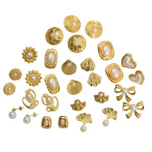 Boucles d'oreilles tendance en acier inoxydable pour femmes, imitation perle, plaqué or, design géométrique multi-formes, vente en gros, cadeau - Product Image 5
