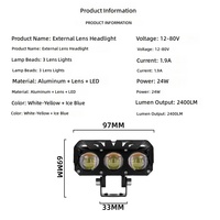 Phare LED Moto 3 Lentilles 12-80V 24W 2400LM Double Couleur Blanc Jaune Bleu Glace Faisceau Hi/Lo Projecteur d'Appoint en Aluminium