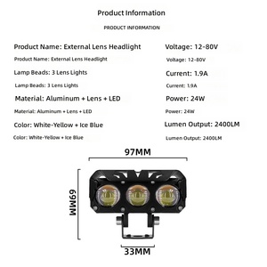 Faro LED para Motocicleta de 3 Lentes, 12-80V, 24W, 2400LM, Doble Color Blanco/Amarillo/Azul Hielo, Luz Alta/Baja, Foco Auxiliar de Aluminio para Conducción - Product Image 5