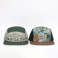 Casquette de camping respirante en coton imprimé à 5 panneaux, avec logo tissé personnalisé, bord plat, haute qualité, vente en gros, pour la randonnée en extérieur