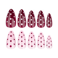 24 faux ongles à presser en ABS, bicolores rouge et rose, style Ins, courts à mi-longueur, forme amande, à pois, prêts à poser