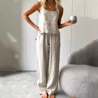 Ensemble de pyjama en coton fin et doux à boutons, sans manches, respirant et doux, 2 pièces, ample, tendance, vêtements de maison pour femmes, en lin