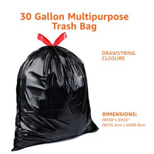 Sac poubelle noir à cordon de serrage de 30 gallons, 33*30 pouces, en matériau LDPE, sac à déchets ménagers, sac poubelle polyvalent avec fermeture rouge - Product Image 1