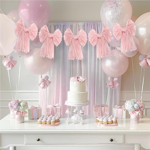 ธงประดับตกแต่งงานปาร์ตี้วันเกิดคริสต์มาส โบว์สีชมพูขนาดใหญ่พิเศษ ผ้าทูลล์ระบายแบบบาลี ทนทาน ใช้ตกแต่งโต๊ะและเก้าอี้ - Product Image 4
