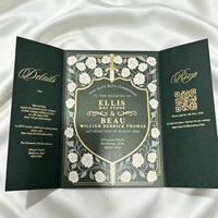 Invitation de mariage de luxe personnalisée vert foncé à trois volets avec dorure à chaud, ensemble d'invitations de mariage fantaisie avec enveloppe
