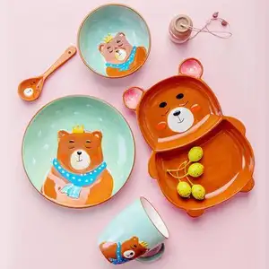 Nette Kinder Keramik Teller Sets Porzellan Teller Tier handgemachte Farbe Zeichnung Geschirr Sets Schalen und Tasse