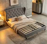 Lit double rembourré européen Lumi 153x203 avec sommier à lattes et espace de rangement beige