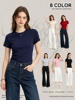 T-shirt femme coupe droite à manches courtes en coton-polyester, style français, été 2025, court, extensible, ajusté, col rond, tendance