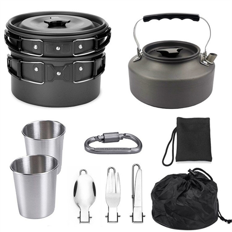 Light Pot Pan Kettle Travel Stainless Backpacking Spoon Steel Cups Plates Fork Knives Outdoor Cooking Picnic Camping Cookware