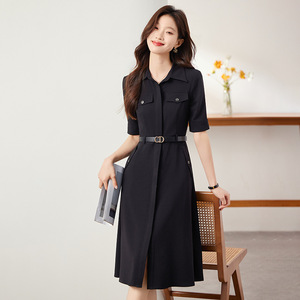 Women's Professional Suit Dress Mid Length A-Line With Belt Turn Down Collar Solid Color Career Dress - Product Image 1