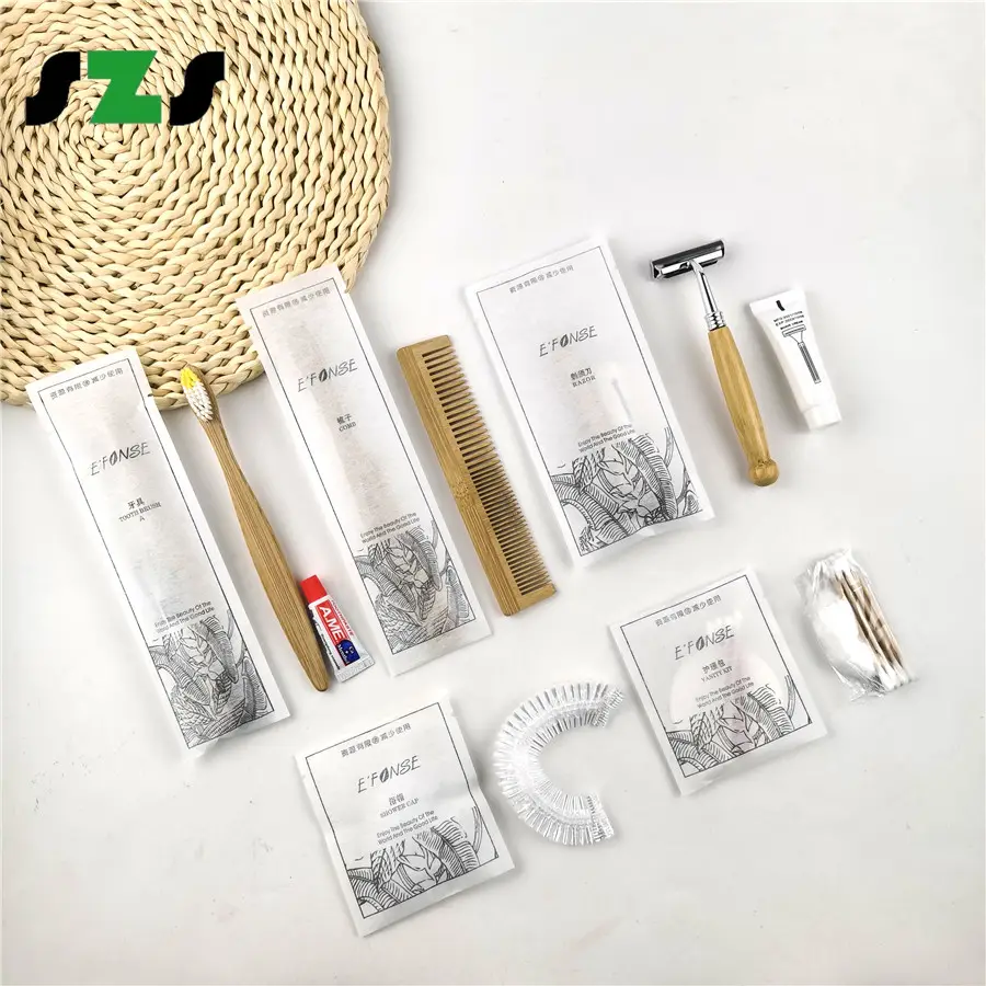 Personalizado luxuoso oem 5 estrelas biodegradável eco amigável conjunto de acessórios de higiene pessoal para banheiro hotel