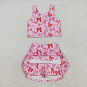 Baby Girls Sleeveless <b>Blue</b> Pink Bows <b>Vest</b> <b>Top</b> Yoga Athletic Skorts Sets - Product Image 2