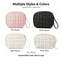 Sac cosmétique en tweed pour femmes, mignon et portable, sac de maquillage tissé avec dragonne pour le voyage, rangement de produits de toilette, personnalisable, vente en gros