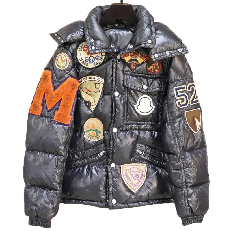 メンズストリートウェアブラックパッチフグジャケット衣類メーカーカスタムラベル厚い冬のパフダウンジャケット