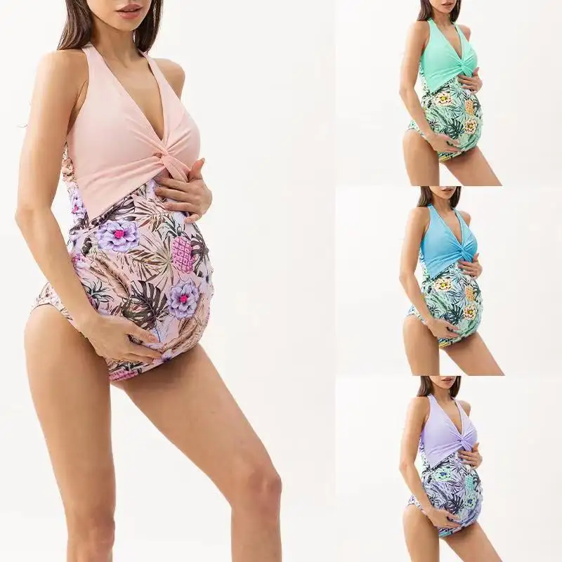 Chinese V Neck Pregnancy Swimsuits Printed Maternity Monkini Hot Sexy Beach Bathing Suit Modest Swimming Bikinis