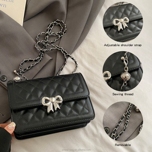 <span class=keywords><strong>Sac</strong></span> à bandoulière matelassé pour femme en cuir PU <span class=keywords><strong>noir</strong></span> avec fermoir nœud <span class=keywords><strong>argent</strong></span>é et chaîne, <span class=keywords><strong>sac</strong></span> à main à rabat pour femme - Product Image 2