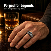 Bague Chevalière Trident Viking Vintage en Acier Inoxydable, Style Gothique Punk Motard, Argent Vieilli, Bijoux pour Hommes, OEM Vente en Gros Boli 3D