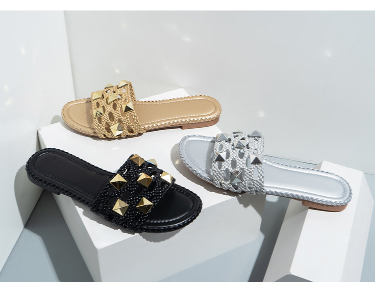2023 Woven Hollowed Out Flat Slippers Fashion Rivets Outdoor Slippers Women Beach Slides