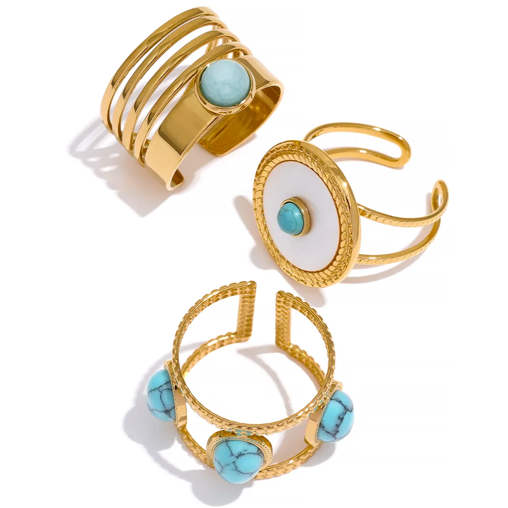 JINYOU 005 vente en gros, bijoux d'été en or véritable, pierre de coquille géométrique Turquoise en acier inoxydable, anneau ouvert réglable pour femmes